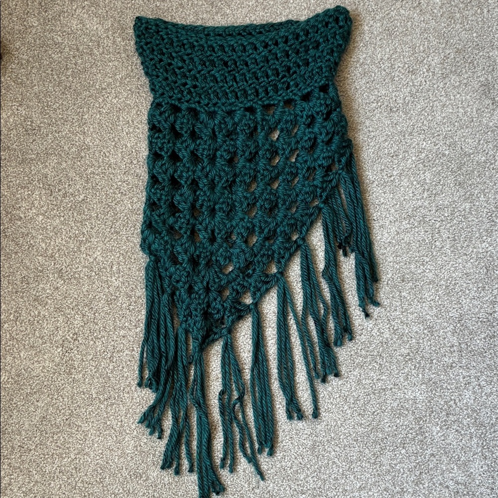 Handmade Crocheted Fringe Scarf in Deep Teal